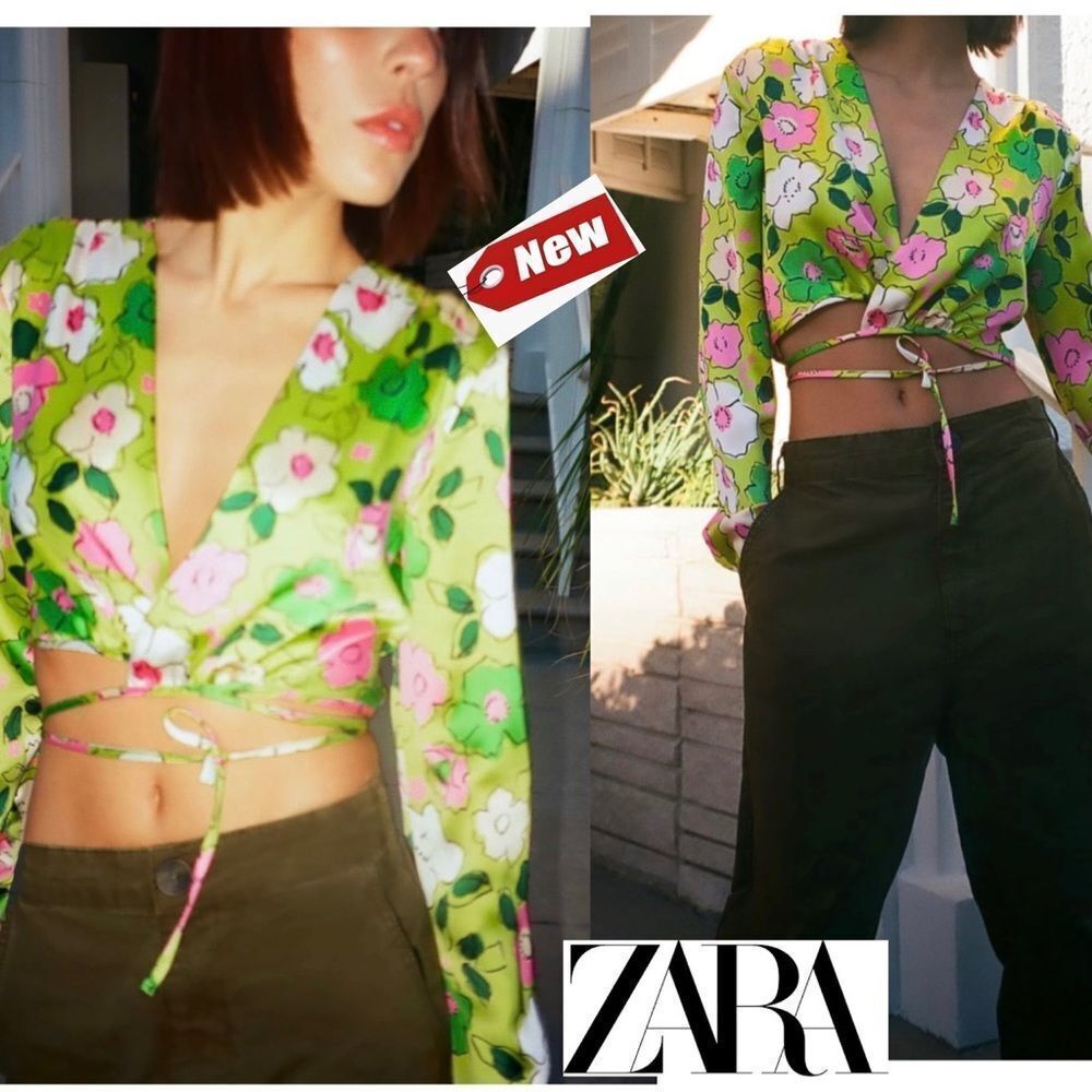 𝅺ZARA fluorescent lime floral wrap satin effect crop top Sz S NWT